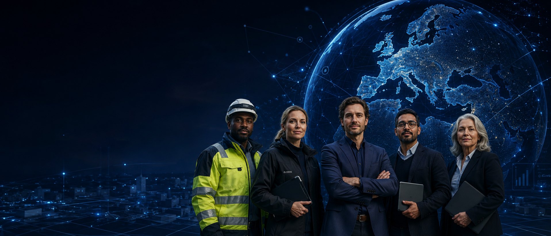 A team — field engineer, engineers and specialists — standing before a glowing digital globe of Europe