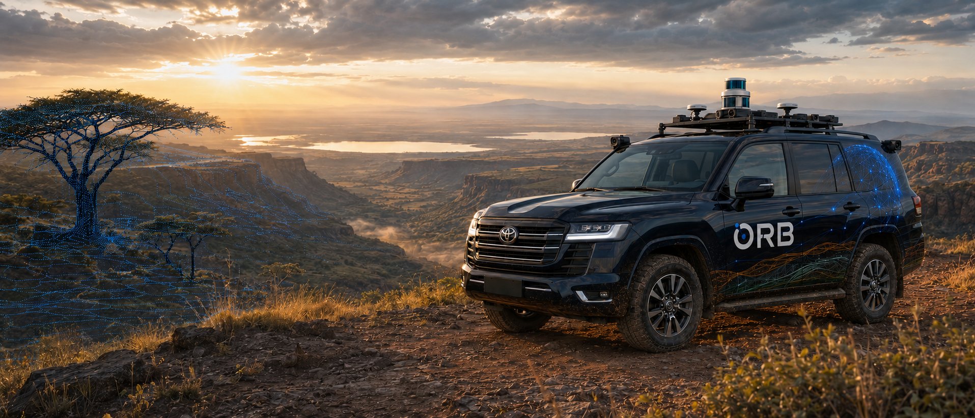 ORB survey vehicle with LiDAR scanning a valley at sunset, terrain rendered as point clouds